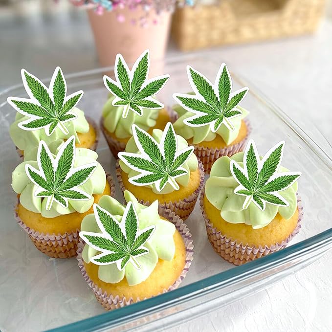 Ercadio 40 Pcs Edible Green Marijuana Cupcake Toppers Have a Dope Birthday Cake Topper Cake Drink Topper Decorations for Men Women Marijuana Them Party Supplies