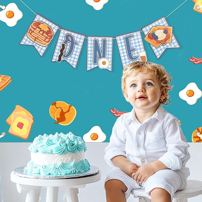 Brunch 1st Birthday High Chair Banner - Breakfast First Birthday Party Decorations, Pancakes and Pajamas Party Supplies, Breakfast Food Party Banner, Pancake and Waffle Cake Smash Photo Props (Blue Brunch Banner)