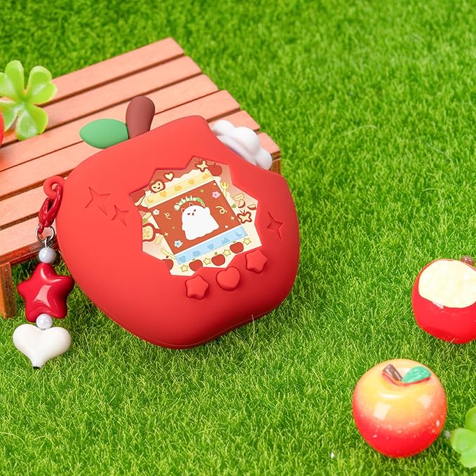 Apple Case for Tamagotchi Paradise, 4-iaradisen-1 Shockproof Silicone Protective Cover Kit with Faceplate, Flower Dial Cap & Charm, Kawaii Accessories for Girls & Adults (RED)