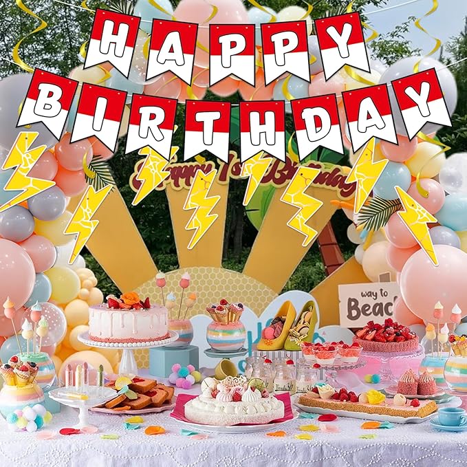 Cartoon Birthday Banner 8pcs Lightning Hanging Swirls Party Decorations, Flash Weather Streamers Gold Lightning Hanging, Kids Yellow Red White Birthday Party Decor for Kids Party Supplies
