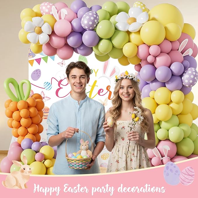 Easter Party Decorations Kit, Happy Easter Bunny Party Supplies for Home Indoor Decor, Spring Balloon Garland Banner, Cake Cupcake Toppers, Backdrop Tablecloth for Easter Garden Party Decorations Set