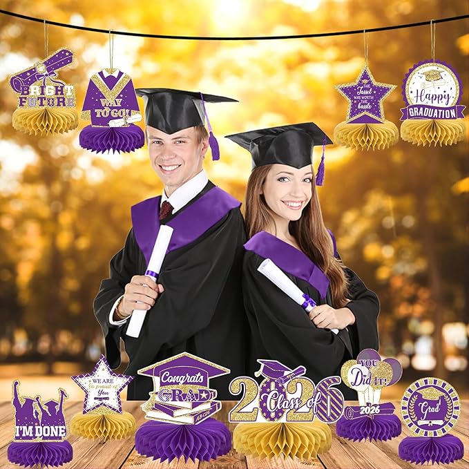 10PCS Graduation Party Decorations Class of 2026 Congrats Grad Table Centerpieces Congratulate Graduation Honeycomb Table Toppers for Graduation Party Supplies(Pueple Gold)