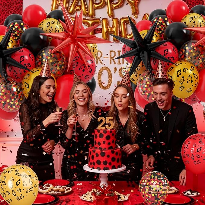 Cheetah Print Balloon, 12 Inch Black Red Gold Balloons with Leopard Print Balloons Confetti Star Foil Balloon Leopard Jungle Animal Decorations for Cheetah Theme Birthday Cherry Vintage Party Supplies