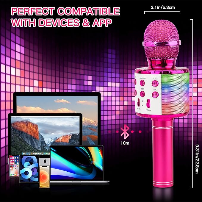 ShinePick Karaoke Microphone, 4 in 1 Wireless Microphone with LED Lights Handheld Portable Karaoke Machine, Home KTV Player, Compatible with Android & iOS Devices(Purple)