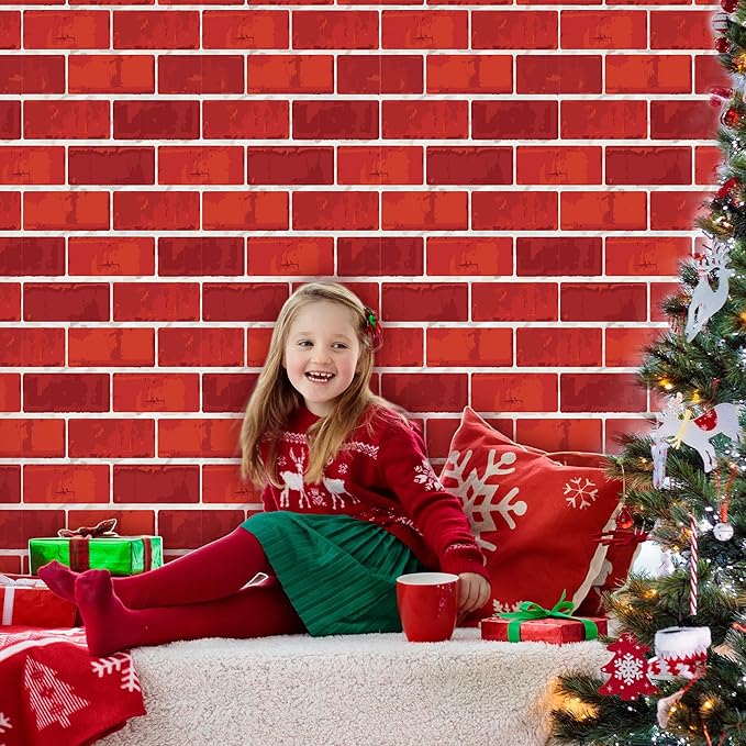 Kochorie 100 Ft x 54 Inch Red Brick Wall Backdrop Tablecloth Roll with Cutter Box Disposable Brick Wrapping Table Cover Bulletin Board for Christmas Halloween Birthday Party, Red