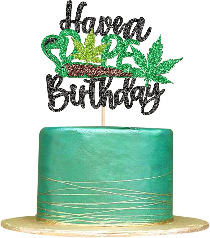 Ercadio 1 Pack Have a Dope Birthday Cake Topper Green Glitter Pot Leaf Weed Leaves Happy Birthday Cake Decor Marijuana Man Women Birthday Party Supplies