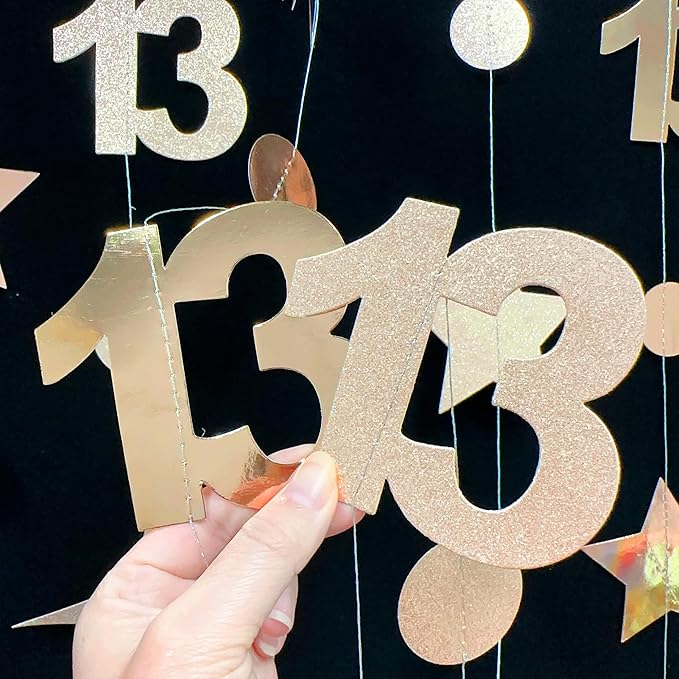 Champagne Gold 13th Birthday Decorations Number 13 Circle Dot Twinkle Star Garland Glitter Streamer Banner Backdrop Girls Boys Cheers to 13 Years Old Birthday Official Teenager Party Supplies
