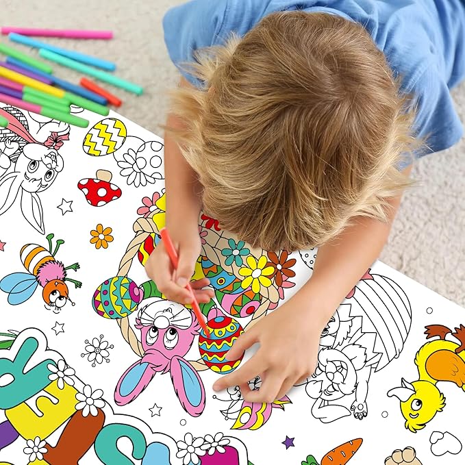 Easter Large Coloring Poster for Kids, Happy Jumbo Coloring Paper Tablecloth, Bunny Eggs Color-in Craft Activities for School Classroom Home Party Supplies Decorations, 30 x 72 Inch