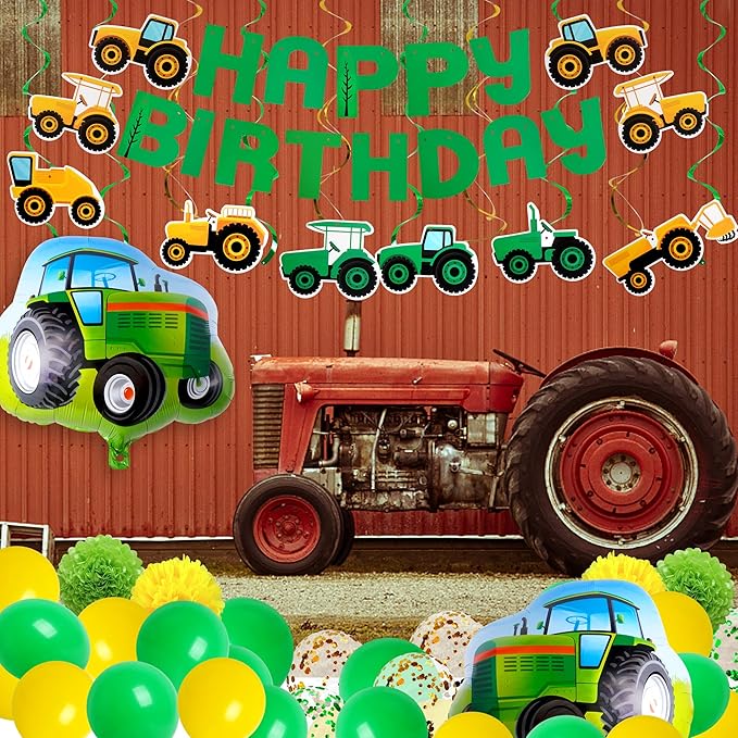 76PCS Green Tractor Themed Party Supplies with Tractor Banner Balloons Garland, Hanging Swirl and Cupcake Toppers for Farm Tractor Decorations As Themed Party Favors