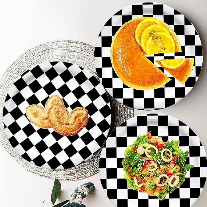 40 Pcs Black & White Checkered Party Supplies - Racing Themed Paper Plates, 7" Dessert Plates for Kids Sports Themed Race Car Birthday Party Decorations