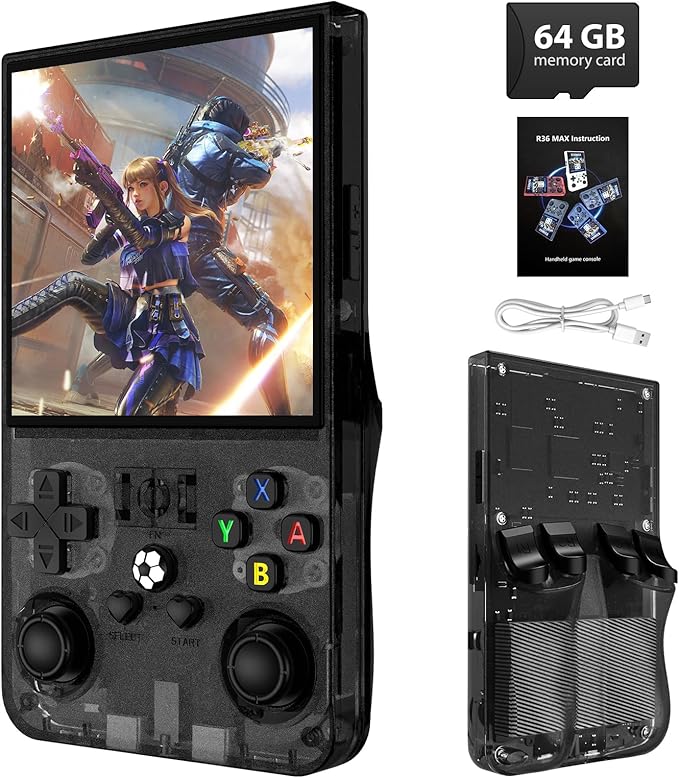 R36MAX Retro Handheld Game Console, 4.0 Inch Screen, 64GB, 18000+ Games, Linux System, 4000mAh Battery (Blcak Transparency, 128, GB)