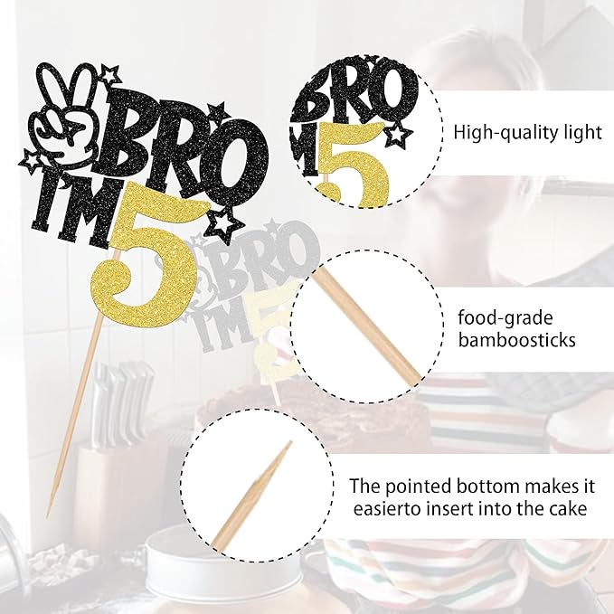 1 PCS Brother I'm 5 Cake Topper Glitter Star Happy 5th Birthday Cake Pick Bro I'm 5 Cake Decoration It's My 5th Birthday Decorations for Boys Cheers to 5 Years Old Birthday Party Supplies Gold