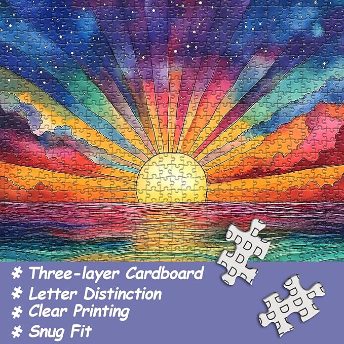Impossible Puzzle for Adults 1000 Pieces, Ocean Sunset Puzzles with Colorful Rainbow Gradient, Magic Nature Art Jigsaw Puzzle, Challenging Hard Puzzle for Adults