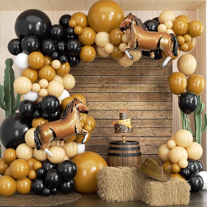 Western Balloons Garland Arch Kit 166Pcs - 5 10 12 18 inch Different Size Black and Brown with Cowboy Horse Balloon for Boy First Rodeo Wild West Country Birthday Farm Fiesta Party Decoration