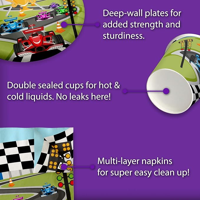 Race Car Birthday Party Supplies - Car Birthday Party Supplies for Boy - Racing Party Supplies and Decorations | Tableware Set Includes Plates Napkins and Cups | Kit for 16