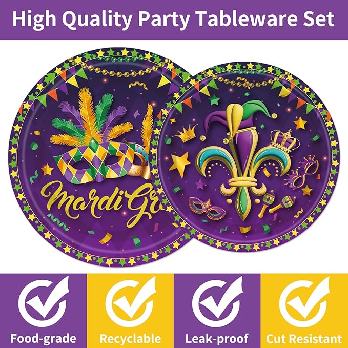 96PCS Mardi Gras Plates and Napkins Party Supplies Mardi Gras Decorations New Orleans Carnival Masquerade Party Decorations MardiGras Disposable Tableware Set Serve 24 Guests