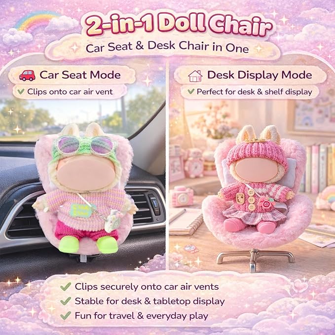 17cm Doll Car Seat and Clothes Set (No Dolls), Includes Doll Seat and 2-Pack Doll Clothes, Perfect for Play and Display, Doll Outfit Accessories for Collectors