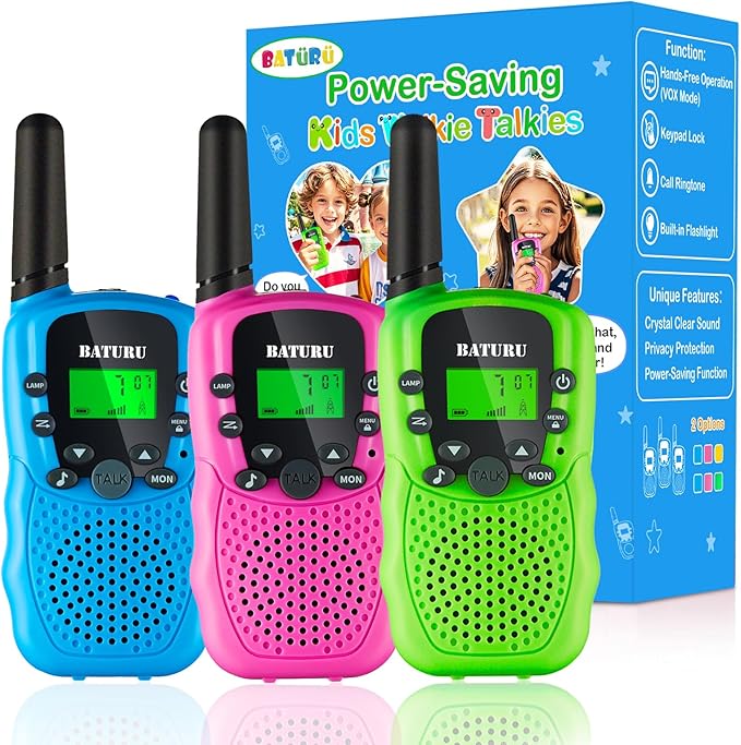 BATURU Walkie Talkies for Kids 3 Miles Long Range, Battery-Saving Walkie Talkie, 22 Channels Kids Walkie Talkies 3 Pack, Outdoor Camping Toys for Girls Boys Age 5-10, Stocking Stuffers for Girls Boys