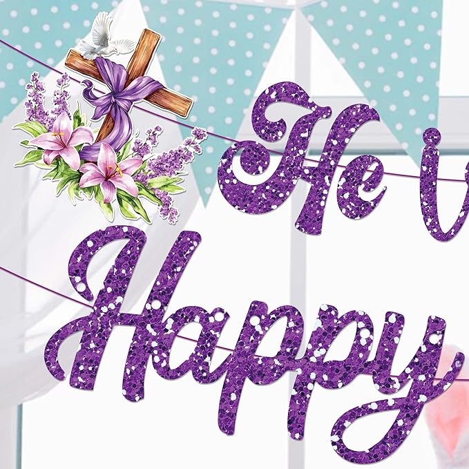 CC HOME Purple Glitter Happy Easter Cross Banner He is Risen Party Hanging Banner Easter Theme Birthday Bridal Wedding Baby Shower Boys Girls Kids Home Classroom Party Supplies Decoration