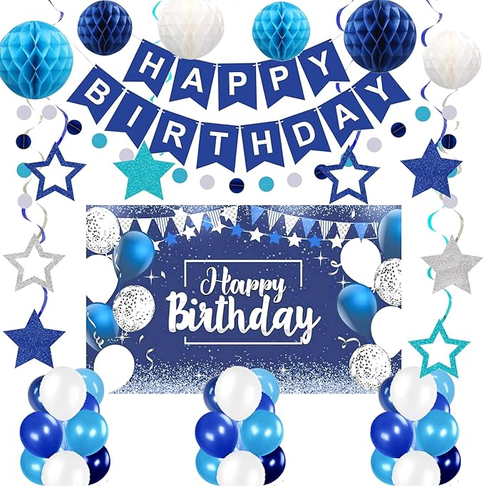 Blue Happy Birthday Decorations, 41 Pack Happy Birthday Banner, Balloons, Backdrop, Hanging Swirl, Honeycomb Ball and Circle Dot Garland Supplies for Birthday Party