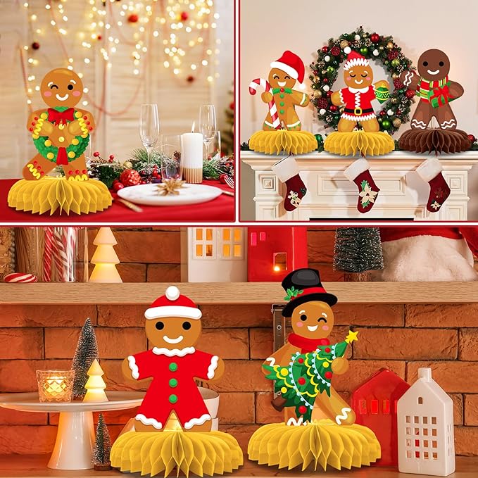 12 Pcs Gingerbread Honeycomb Centerpieces Christmas Table Decorations Gingerbread Man 3D Honeycomb Decoration Tabletop Holiday Party Decorations for Winter, Xmas Cookie Tabletop Decor