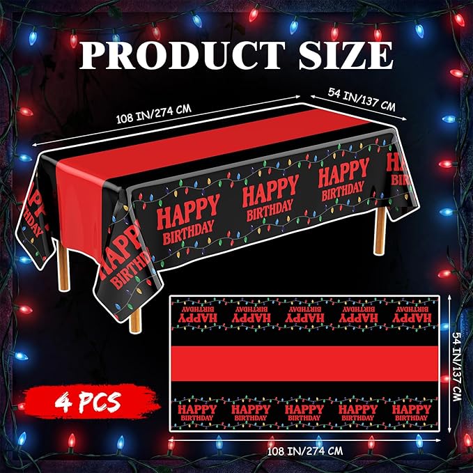 4 Pcs Birthday Party Decorations Plastic Cute Birthday Tablecloth 108 x 54 Inches Disposable Rectangle Tablecover for Boys Girls Kids Baby Shower Party Supplies (Black&red)