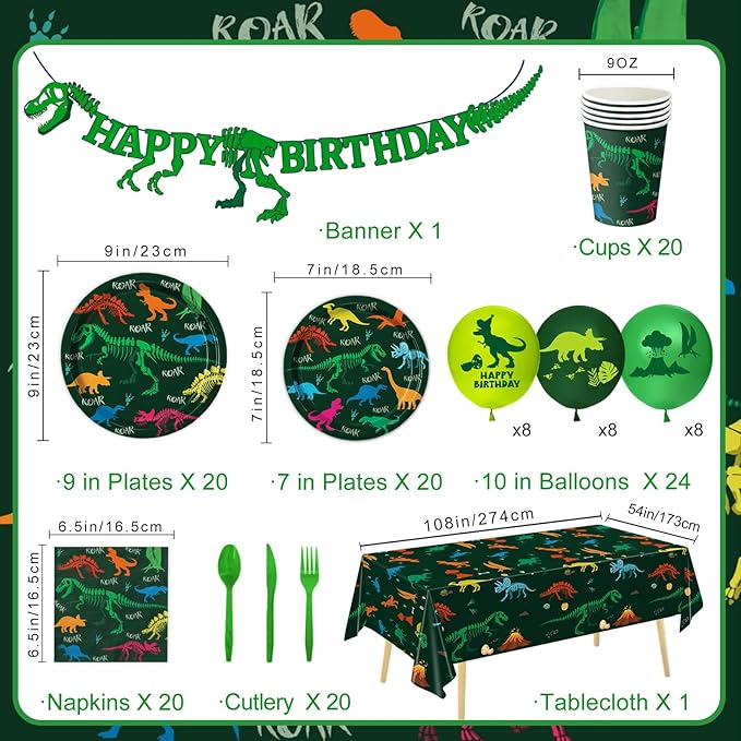 166 PCS Dinosaur Birthday Decorations, Dinosaur Party Supplies Includes Plates, Cups, Napkins, Cutlery, Banner, Tablecloth, Balloons for Boy Dino Party Decorations, Serves 20