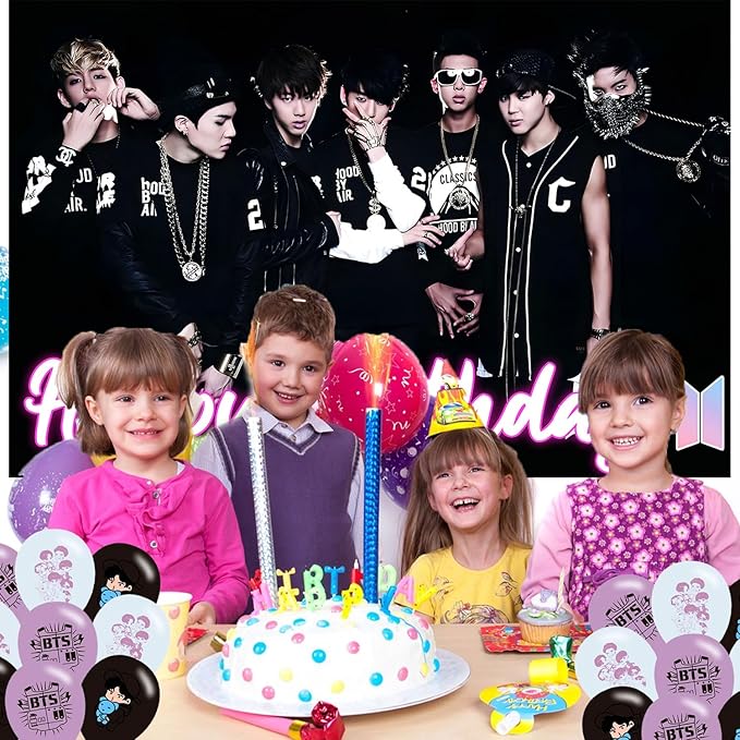 Bangtan Boys Birthday Party Decoration,Boy Band Party Photo Background 5 x 3 FT and 18 Pcs Balloon,Merch Party Backdrop Supplies