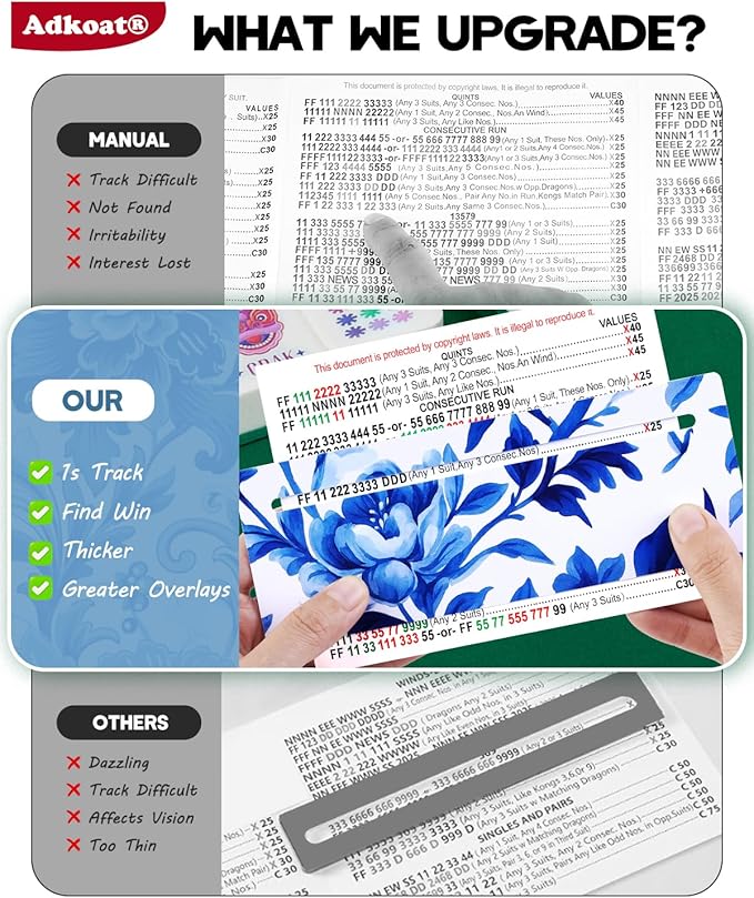 Adkoat® 4PCS Chinoiserie Mahjong Line Finder: Mah Jongg Accessories and Gifts - American Mahj Card Line Marker to Reading - Guided Reading Ruler Tool for ADHD Dyslexia Overlays Mahjongg Players