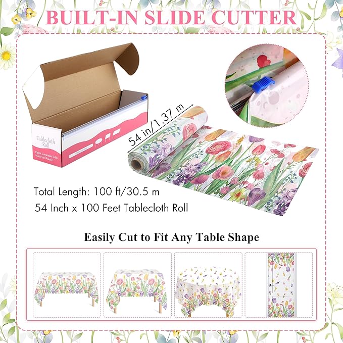 Kochorie Spring Flower Tulip Tablecloth Roll 54 Inch x 100 Feet Plastic Floral Disposable Table Cover Butterfly Wildflower Themed Backdrop for Spring Floral Tea Party Birthday Wedding Decor