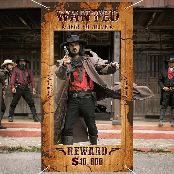 Large Western Wanted Poster Western Cowboy Party Decoration Wanted Photo Booth Frame Wild West Selfie Banner Backdrop for West Cowboy Birthday Party Retro Rustic Decoration Supplies (Brown)