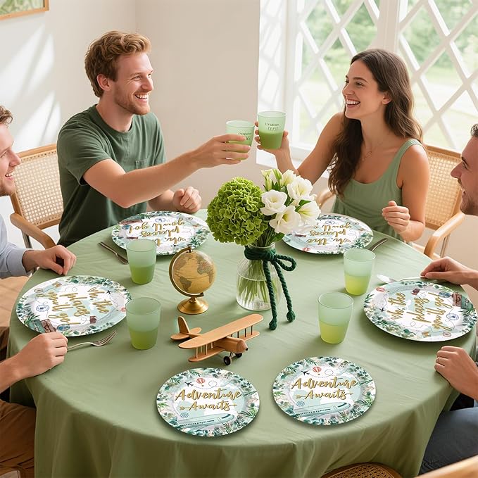 96Pcs Adventure Awaits Party Decorations Greenery Eucalyptus Travel Themed Plates and Napkins Let The Adventure Begin Baby Shower Party Decorations for Voyage Farewell Birthday Supplies Serves 24