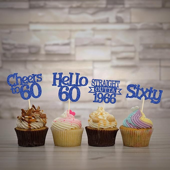 Ephlyn 24Pcs Happy 60th Birthday Cupcake Toppers Glitter Straight Outta 1966 Cupcake Picks Hello 60 Cheers to 60 Years Birthday Cake Decorations for 60th Birthday Anniversary Party Supplies Blue