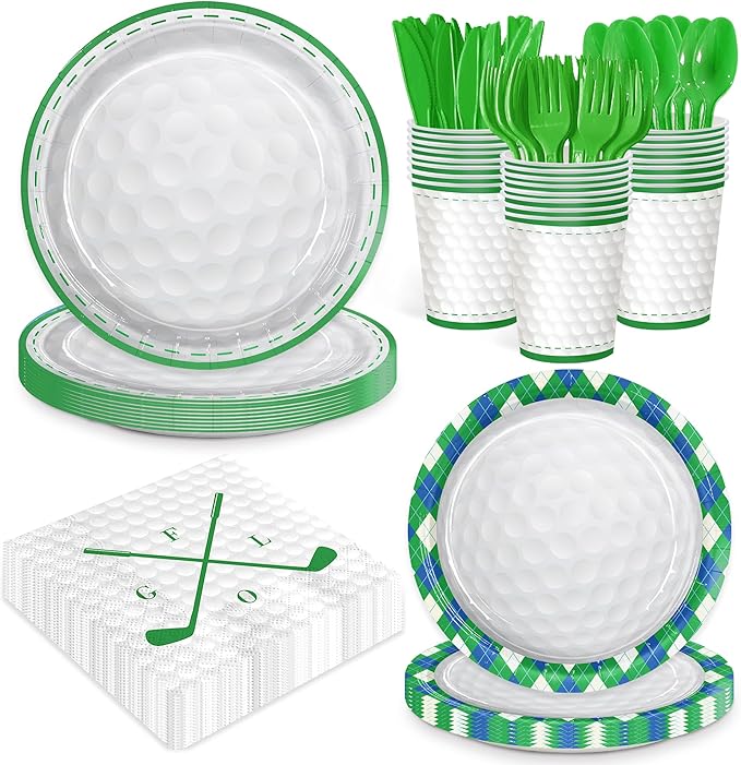 168pcs Golf Birthday Party Supplies Plates Napkins Paper Cups for Golf Sports Themed Decorations Tableware Set for Kids Boys Birthday Decor Serve 24 Guests