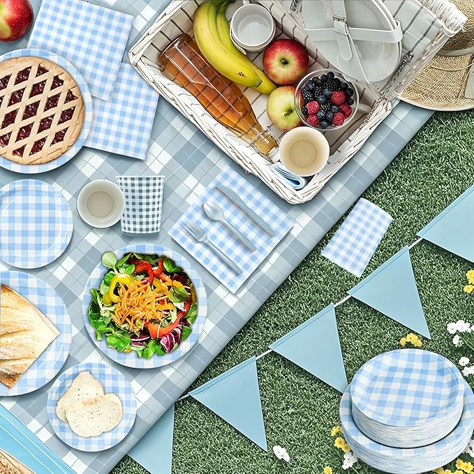 180Pcs Blue Gingham Party Supplies Paper Plates and Napkins Serve 60 Disposable Tableware Set for Birthday Party Decorations Game Day Family Holiday Sports Events