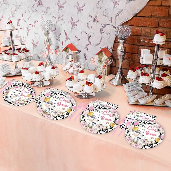 gisgfim 96Pcs Holy Cow I'm One Party Supplies Pink Cow Print Paper Plates Napkins Floral Cows First Birthday Party Tableware Set Dinnerware for Girl 1st Birthday Table Dinner Decoration Serve 24