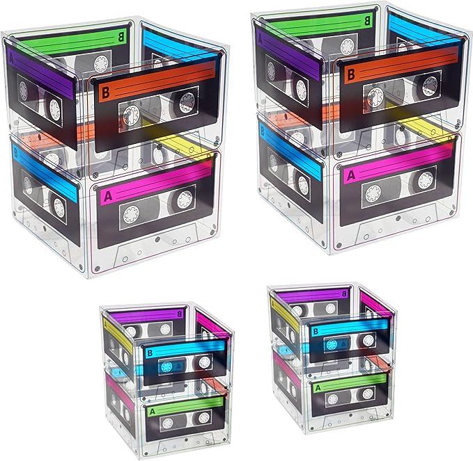 4E's Novelty Cassette Tape Bucket Centerpiece (Pack of 4) 80s Party Supplies, 90's Theme Birthday Party Decoration Cassette Tape Table Decor, Retro Hip Hop Pop Music Culture Party for Adults & Kids