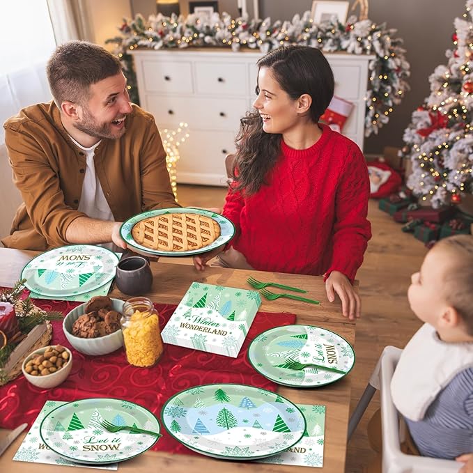 96Pcs Christmas Winter Forest Party Supplies Winter Wonderland Paper Plates and Napkins Snowflake Tree Disposable Party Tableware Set Xmas Dinnerware for Holiday Dessert Birthday Decoration Serve 24