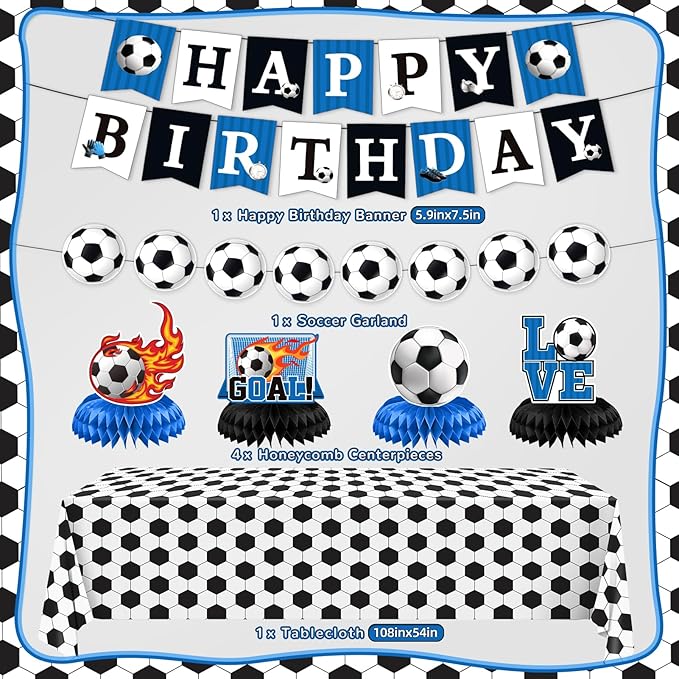 Soccer Birthday Party Decorations, 44Pcs Soccer Party Decorations with Happy Birthday Backdrop Tablecloth Foil & Latex Balloons and Cake Toppers Honeycomb Centerpieces for Boys’ Sports Party Supplies