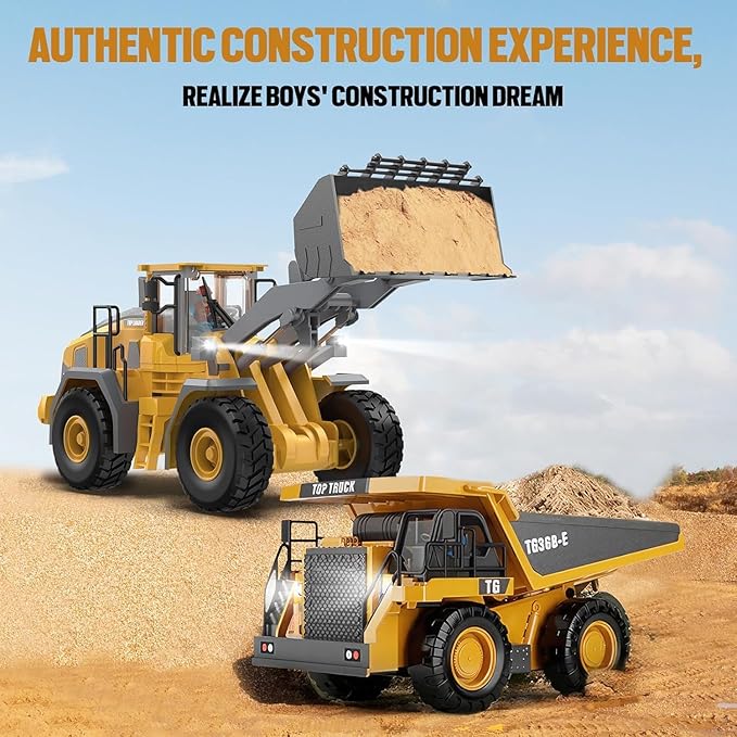 Remote Control Excavator (11-Channel), Dump Truck, Bulldozer, Loader (9-Channel), 2.4GHz Remote Control Construction Vehicles, Metal Construction, with Cool Lights and Sound Effects, 4-Pack