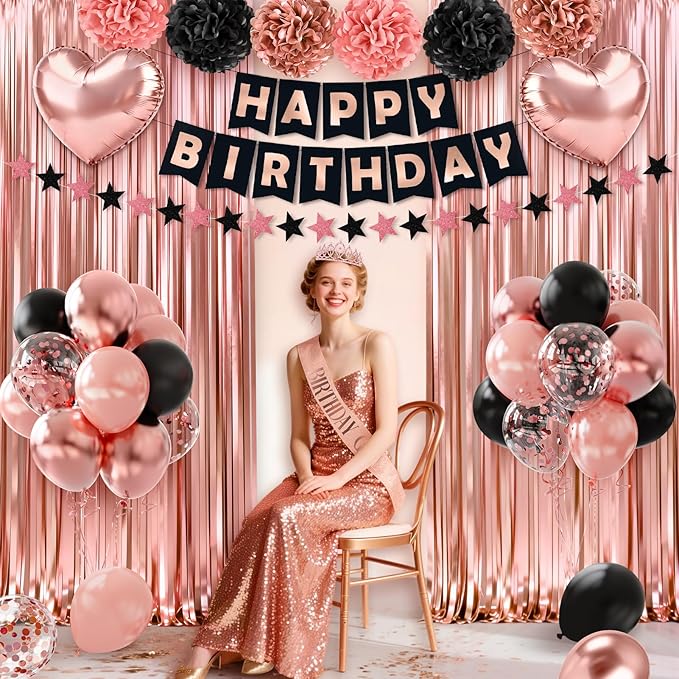 Rose Gold Birthday Decorations, 44Pcs Black & Rose Gold Birthdays Decorations for Women Include Birthday Girl Sash Crown Fringe Curtain & Foil Balloons for Women Girls Party Supplies