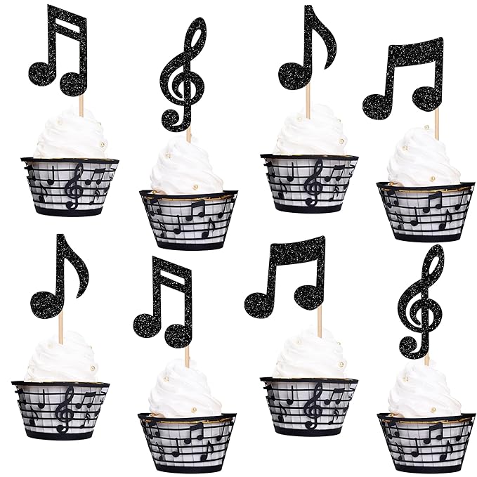 32PCS Music Notes Cupcake Toppers and Wrappers Glitter Musical Symbols Cupcake Picks for Rock Music Theme Baby Shower Kids Birthday Party Cake Decorations Supplies