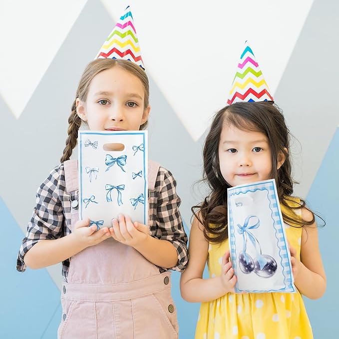 Blue Bow Party Favor Bags - 50Pcs Blue Bow Knot Themed Goody Candy Treat Gifts Bags Party Decorations for Kids Girls Women Birthday Wedding Bridal Shower Supplies