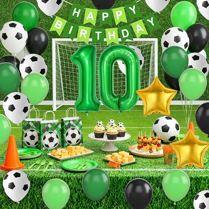 Soccer Birthday Party Decorations for Boys, 10th Soccer Birthday Decoration with Green Black White Balloons 'HAPPY BIRTHDAY' Banner Cake Toppers 32in Foil 10 Balloon for Boys Sports Party Decor