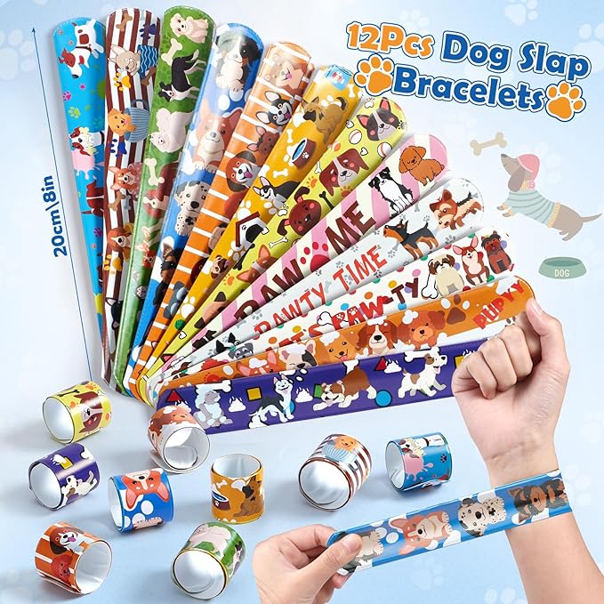 Dog Party Favors for Kids 12Set Paw Print Puppy Party Favors with Mini Notebooks Pens Dogs Figures Slap Bracelets, Boys Girls Birthday Gift Goodie Bags Stuffer Dog Themed Party Supplies Decor