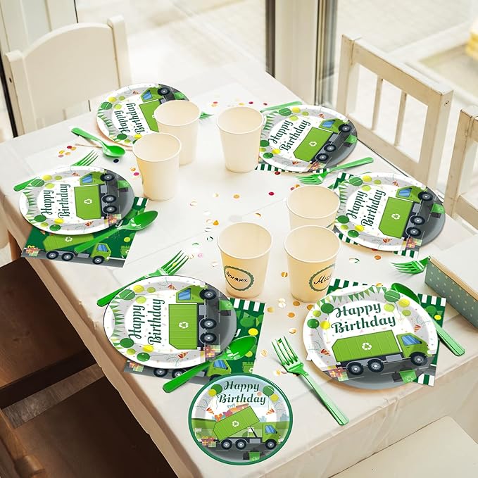 96 Pcs Garbage Truck Birthday Party Plates and Napkins Party Supplies Trash Trucks Party Tableware Set Waste Management Recycling Party Decorations Favors for Birthday Baby Shower for 24 Guests
