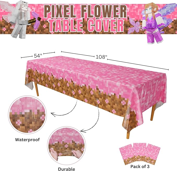 Blue Orchards Pixel Flower Table Cover (Pack of 3) - Girl Gamer Party Decorations, Gamer Birthday Tablecloth for Girls, Girls Birthday Party Supplies, Pixel Miner Party