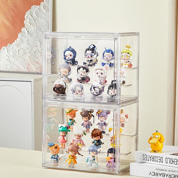 Clear Acrylic Display Case,2 Pack 3 Tier Adjustable Display Box Stand with 2 Movable Plates, Small Showcase Magnetic Door for Mini Action Figures Collectibles (Small