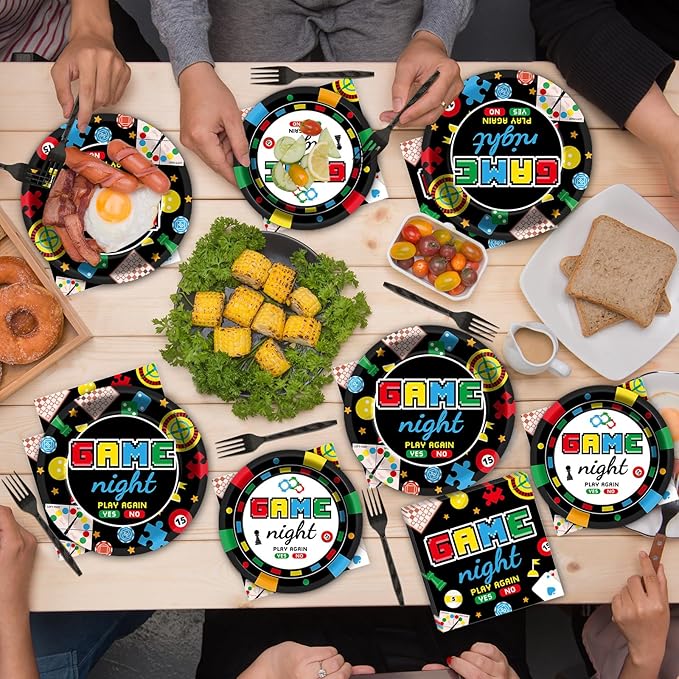96Pcs Family Game Night Plates and Napkins Gaming Party Supplies Family Game Paper Plates Disposable Paper Plate Napkins Forks for Kids Adults Families Gamer Birthday Gaming Night Party Decorations
