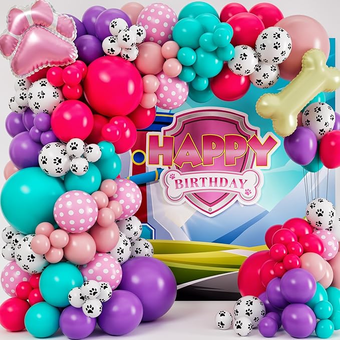 ALL-IN-1 Paw Balloon Garland Arch Kit with BONUS Bone & Paw Print Balloons – Pink Paw Balloons Girl for Paw Birthday Decorations Girl – Paw Party Supplies